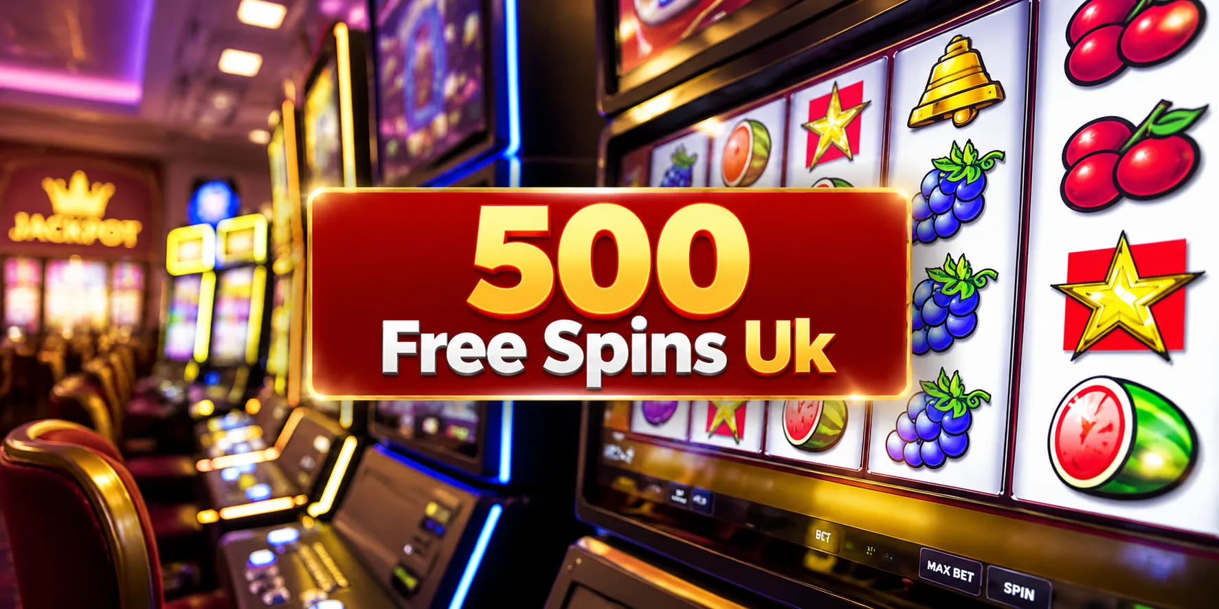 500 free spins UK banner with casino slot machines