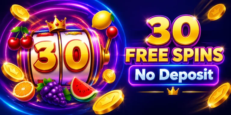 30 free spins no deposit banner with a slot machine and gold coins